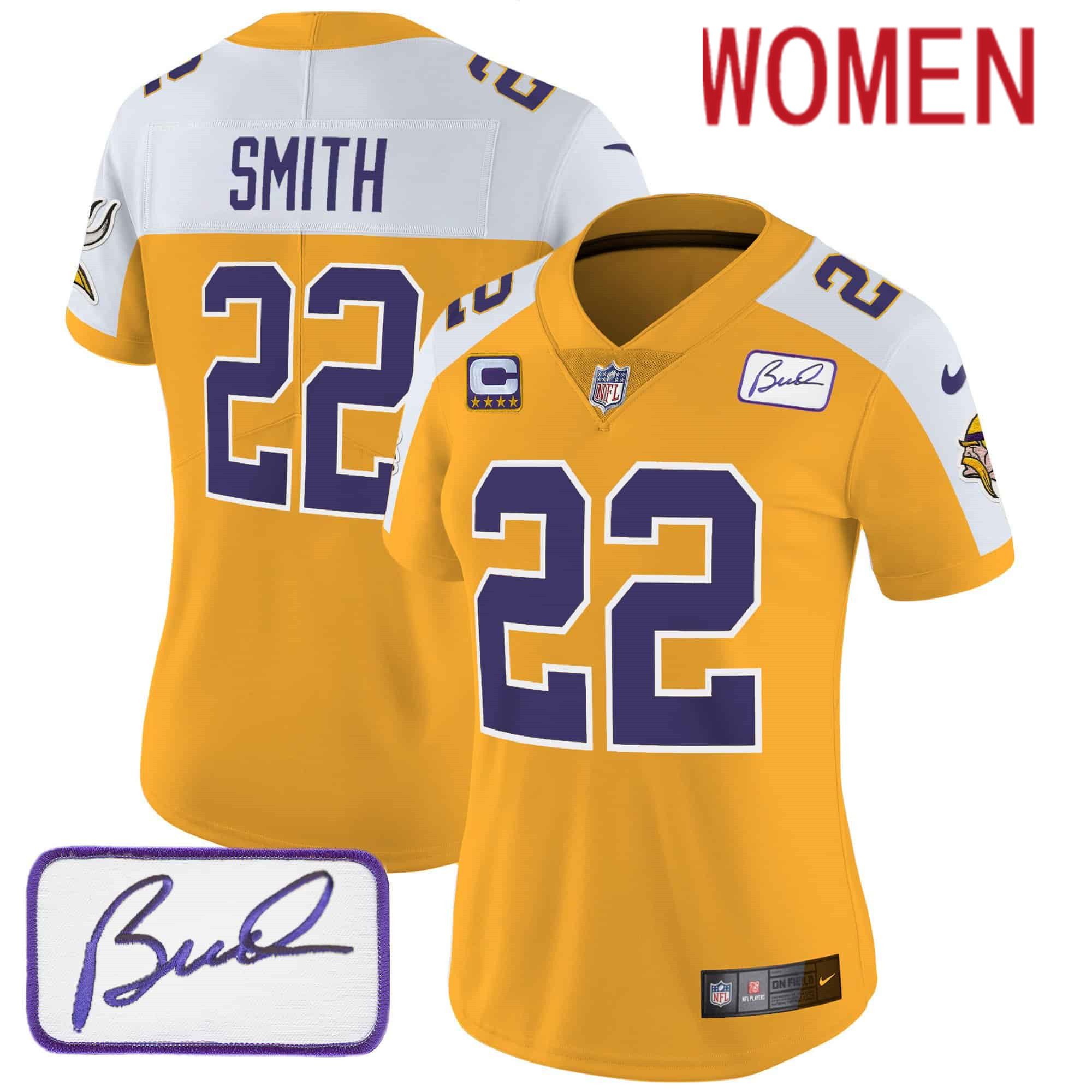 Women Minnesota Vikings 22 Smith Yellow 2024 Nike Bud Grant Patch Classic Limited NFL Jersey style 1